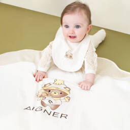 AIGNER-Ivory Pima Cotton Teddy Bear Velcro Bib | Childrensalon