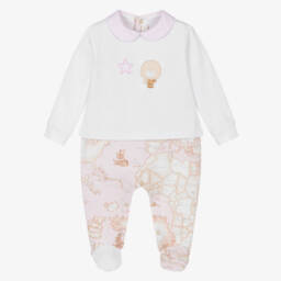 Alviero Martini-Girls White & Pink Geo Map Cotton Bear Babygrow | Childrensalon
