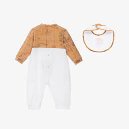 Alviero Martini-White & Beige Geo Map Cotton Babysuit Set | Childrensalon
