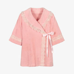 AMIKI Children-Girls Pink Towelling Bath Robe with Glittery Lace Trims | Childrensalon