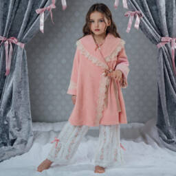 AMIKI Children-Girls Pink Towelling Bath Robe with Glittery Lace Trims | Childrensalon