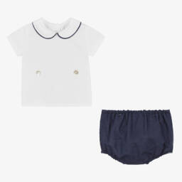 Ancar-Boys Navy Blue & White Cotton Buster Suit | Childrensalon