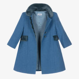 Ancar-Girls Pale Blue Wool & Velvet Coat  | Childrensalon