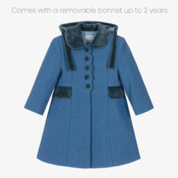 Ancar-Girls Pale Blue Wool & Velvet Coat  | Childrensalon