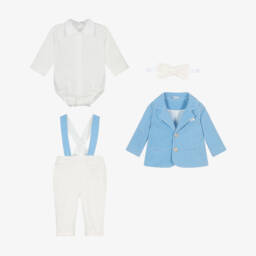 Andreeatex-Baby Boys Pale Blue Velvet & White 5 Piece Suit | Childrensalon