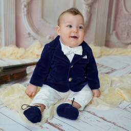 Andreeatex-Baby Boys Royal Blue Velvet & White 5 Piece Suit | Childrensalon