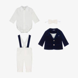 Andreeatex-Baby Boys Royal Blue Velvet & White 5 Piece Suit | Childrensalon