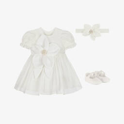 Andreeatex-Baby Girls Glistening White Dress Set with Appliqué Flowers | Childrensalon