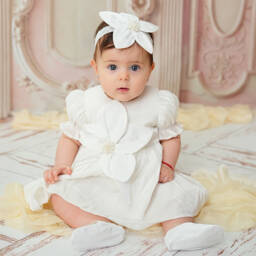 Andreeatex-Baby Girls Glistening White Dress Set with Appliqué Flowers | Childrensalon