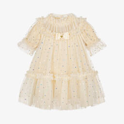 Baby Girls Beige Myrtisa Tulle Dress with Iridescent Hearts