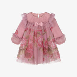 Angel's Face-Baby Girls Pink Tulle Rose Print Dress | Childrensalon