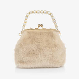 Angel's Face-Сумочка бежевая из искусственного меха с жемчужной ручкой для девочек (20см) | Childrensalon