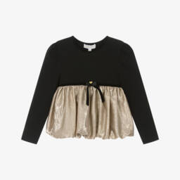 Angel's Face-Girls Black Cotton Jersey Top with Shimmery Gold Hem | Childrensalon