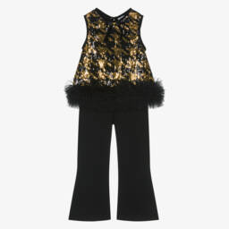 Girls Black & Gold Sequinned Houndstooth Top & Trouser Set