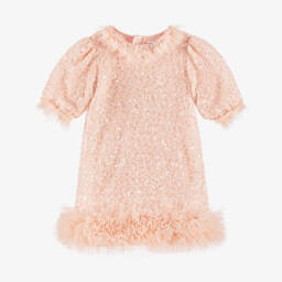 Angel's Face-Girls Blush Pink Sequin Embellished Dress with Tulle Trim | Childrensalon