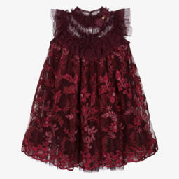 Angel's Face-Girls Burgundy Red Embroidered Floral Tulle Dress | Childrensalon