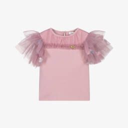 تيشيرت قطن وتول مزين بالورود لون زهري للبنات