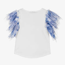 Angel's Face-Girls White & Blue Tulle Sleeve Top | Childrensalon