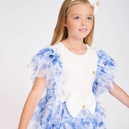 Angel's Face-Girls White & Blue Tulle Sleeve Top | Childrensalon