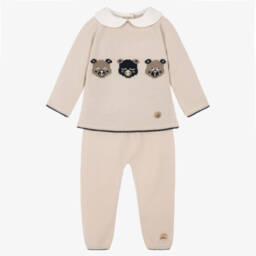 Baby Boys Beige Knitted Trouser Set with Three Bears
