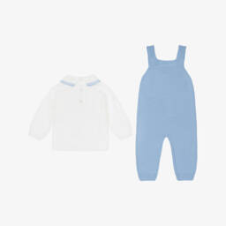 Artesanía Granlei-Baby Boys Blue Teddy Bear Knitted Dungaree Set | Childrensalon
