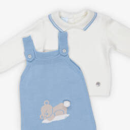 Artesanía Granlei-Baby Boys Blue Teddy Bear Knitted Dungaree Set | Childrensalon