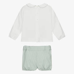 Artesanía Granlei-Baby Boys White & Green Striped Shorts Set | Childrensalon