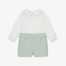 Artesanía Granlei-Baby Boys White & Green Striped Shorts Set | Childrensalon