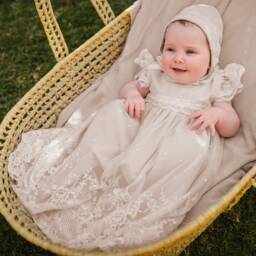 Artesanía Granlei-Baby Girls Beige Ceremony Dress & Bonnet Set | Childrensalon