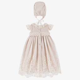 Artesanía Granlei-Baby Girls Beige Ceremony Dress & Bonnet Set | Childrensalon