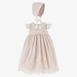 Artesanía Granlei-Baby Girls Beige Ceremony Dress & Bonnet Set | Childrensalon
