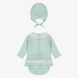 Artesanía Granlei-Baby Girls Mint Green Knitted Shorts Set with Ruffles | Childrensalon