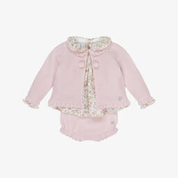 Artesanía Granlei-Baby Girls Pink Floral Blouse & Knitted Shorts Set | Childrensalon