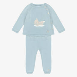 Blue Knitted Baby Trouser Set with Bear Motif