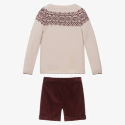 Artesanía Granlei-Boys Beige & Burgundy Red Fair Isle Shorts Set | Childrensalon