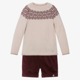 Artesanía Granlei-Boys Beige & Burgundy Red Fair Isle Shorts Set | Childrensalon