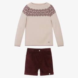 Artesanía Granlei-Boys Beige & Burgundy Red Fair Isle Shorts Set | Childrensalon