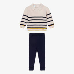 Artesanía Granlei-Boys Beige & Navy Blue Striped Knit Trousers Set | Childrensalon