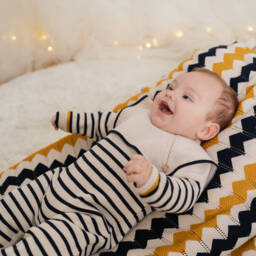 Artesanía Granlei-Boys Beige & Navy Blue Striped Knitted Romper | Childrensalon