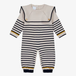 Artesanía Granlei-Boys Beige & Navy Blue Striped Knitted Romper | Childrensalon
