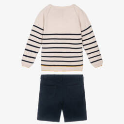Artesanía Granlei-Boys Beige Striped Sweater & Navy Blue Shorts Set | Childrensalon