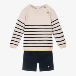 Artesanía Granlei-Boys Beige Striped Sweater & Navy Blue Shorts Set | Childrensalon