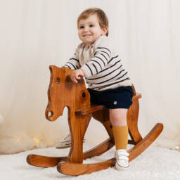 Artesanía Granlei-Boys Beige Striped Sweater & Navy Blue Shorts Set | Childrensalon