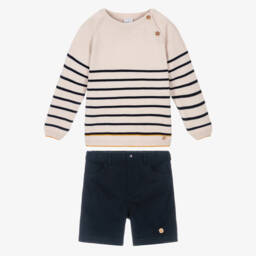 Artesanía Granlei-Boys Beige Striped Sweater & Navy Blue Shorts Set | Childrensalon
