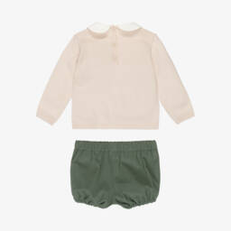 Artesanía Granlei-Boys Beige Sweater & Green Cotton Shorts Set | Childrensalon