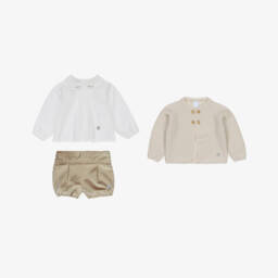 Artesanía Granlei-Boys Beige Velvet Shorts & Cardigan Set | Childrensalon