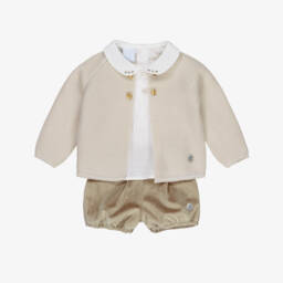 Artesanía Granlei-Boys Beige Velvet Shorts & Cardigan Set | Childrensalon