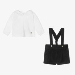 Artesanía Granlei-Boys Black Cotton Velvet Shorts Set | Childrensalon