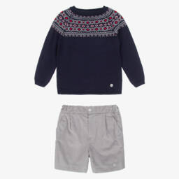 Artesanía Granlei-Boys Blue Fair Isle & Grey Corduroy Shorts Set | Childrensalon