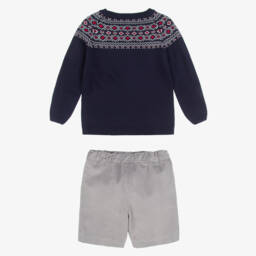 Artesanía Granlei-Boys Blue Fair Isle & Grey Corduroy Shorts Set | Childrensalon